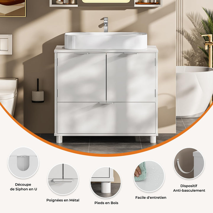 Waschbeckenunterschrank Weiss MDF 2 Tueren Schublade 60x30x60 cm - Bild 5