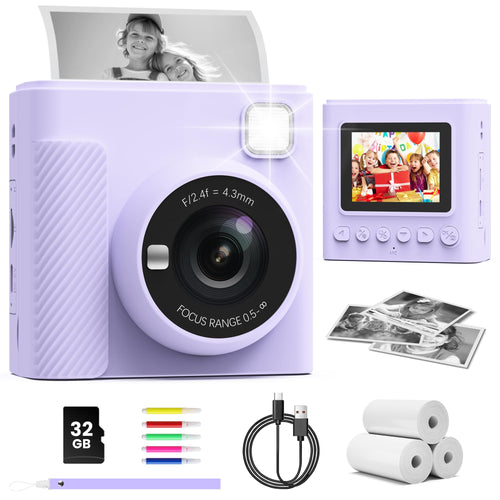 Kinderkamera Sofortbildkamera HD 1080P Thermodruck lila 3-12 Jahre