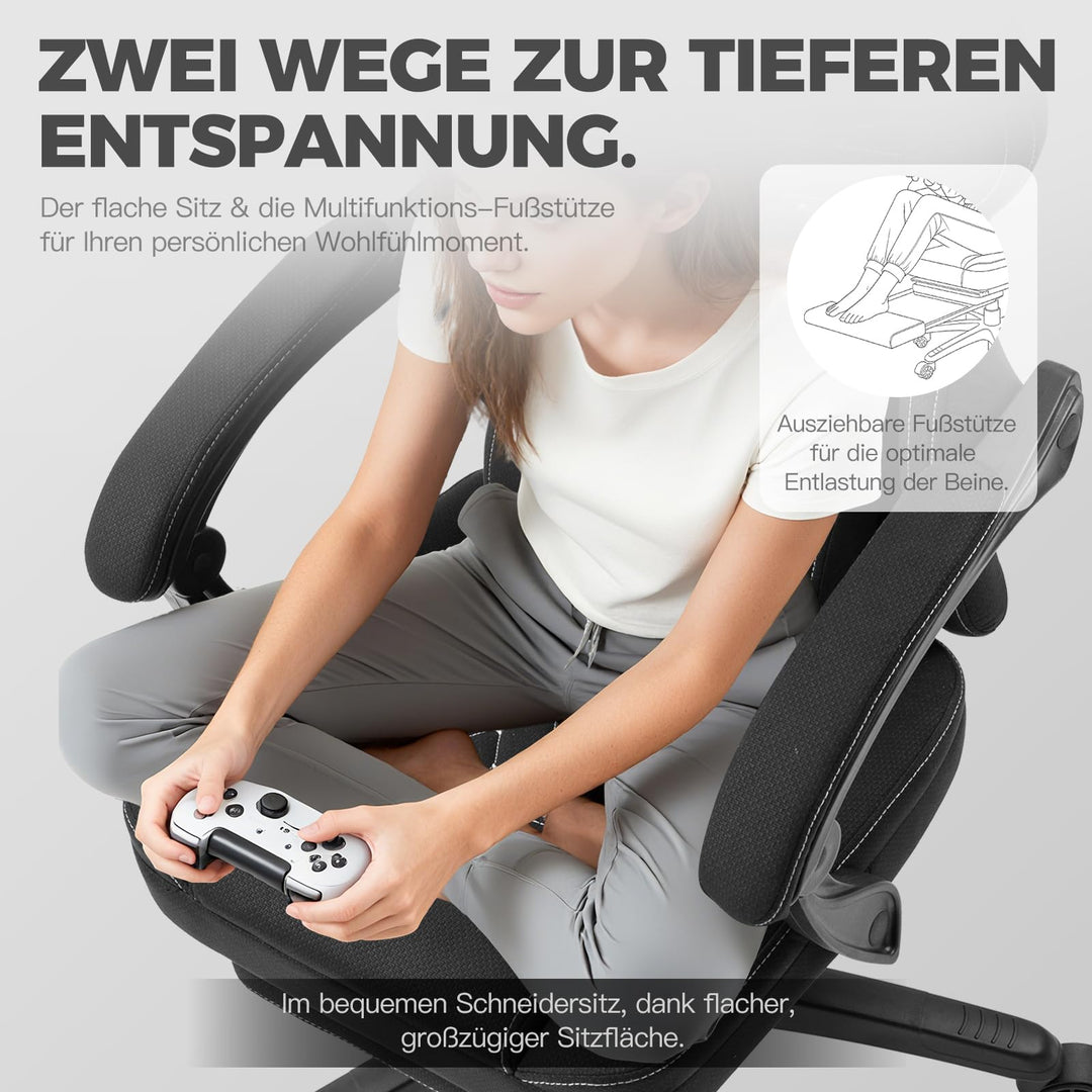 Gaming Stuhl Stoff ergonomisch mit Taschenfederkern und Fussstuetze 150 kg - Bild 8