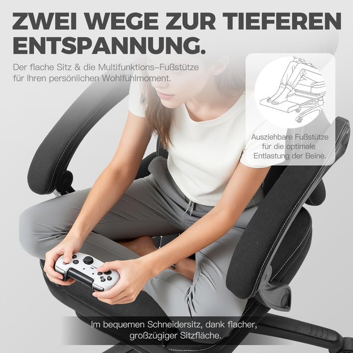 Gaming Stuhl Stoff ergonomisch mit Taschenfederkern und Fussstuetze 150 kg - Bild 8