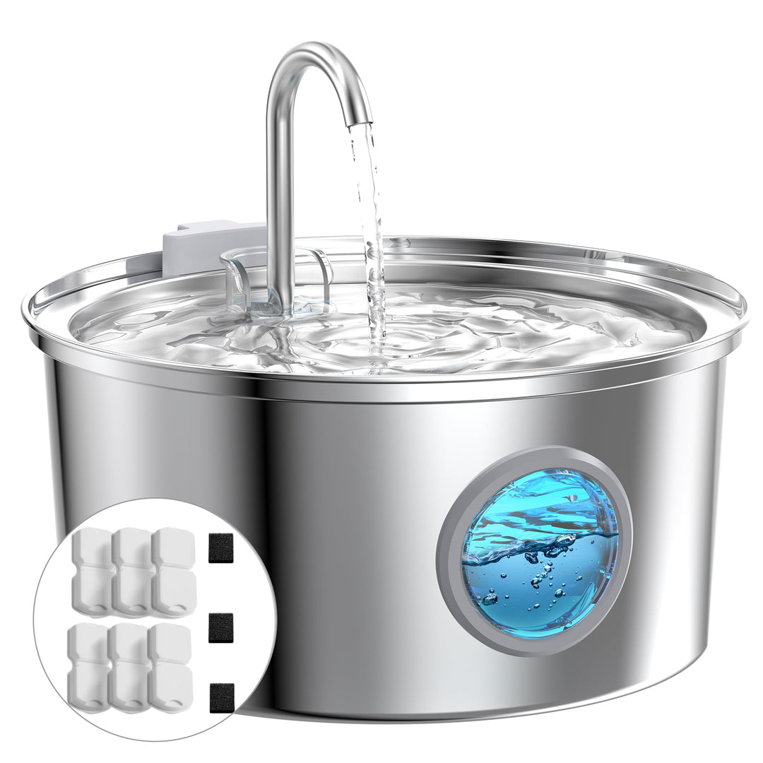 Katzenbrunnen Edelstahl 3,2L mit Wasserstandsfenster und LED