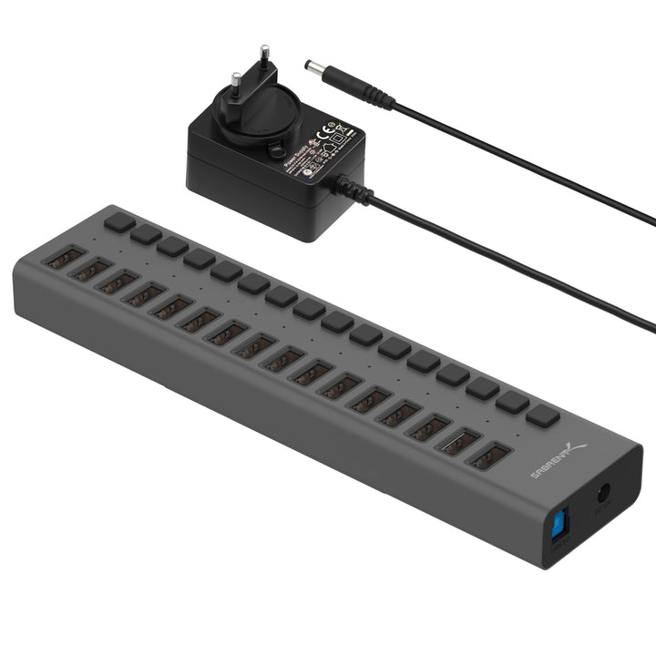 USB Hub 16-Port aktiv mit Netzteil 90W Schalter für PC Laptop