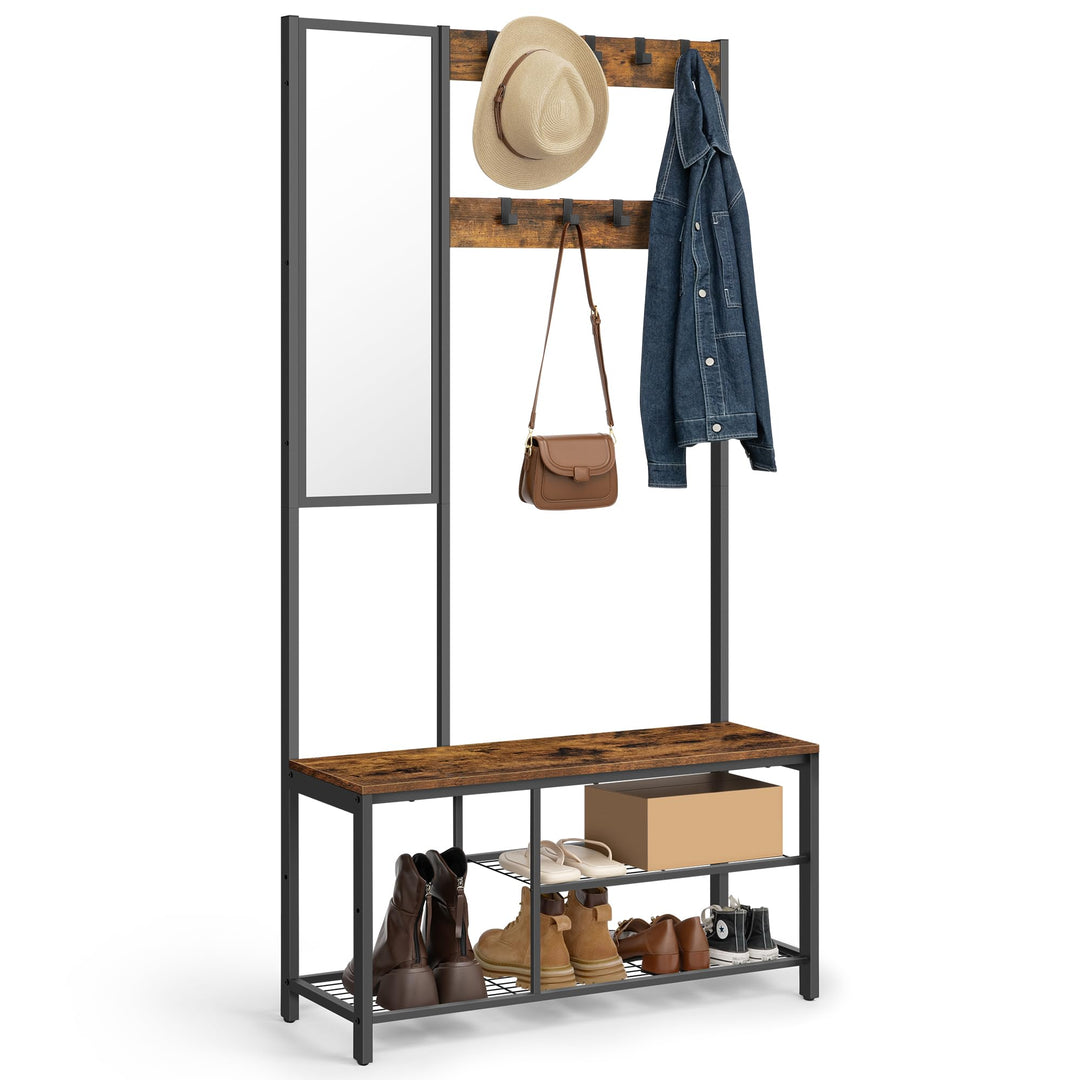 Garderobenständer 4-in-1 mit Spiegel, Schuhbank und Haken, 185 cm
