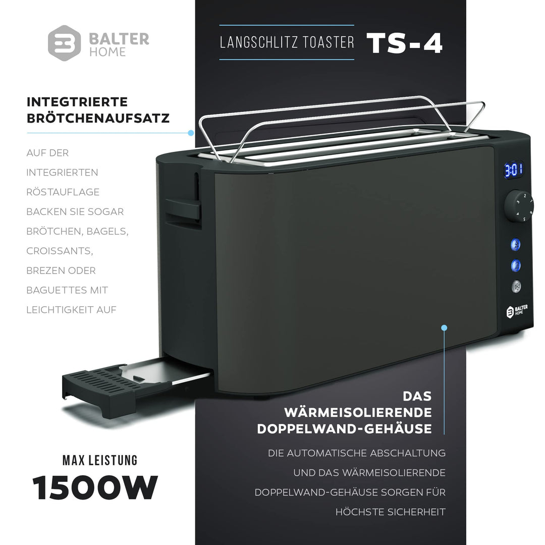 Langschlitz-Toaster 4 Scheiben Edelstahl mit LCD-Display und Brötchenaufsatz - Bild 2