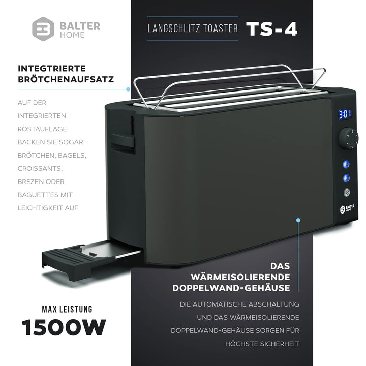 Langschlitz-Toaster 4 Scheiben Edelstahl mit LCD-Display und Brötchenaufsatz - Bild 2