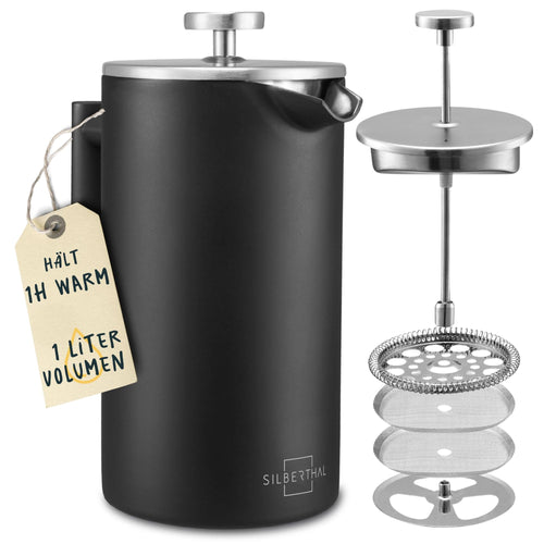 French Press Thermo 1 Liter Edelstahl doppelwandig für Kaffee & Tee