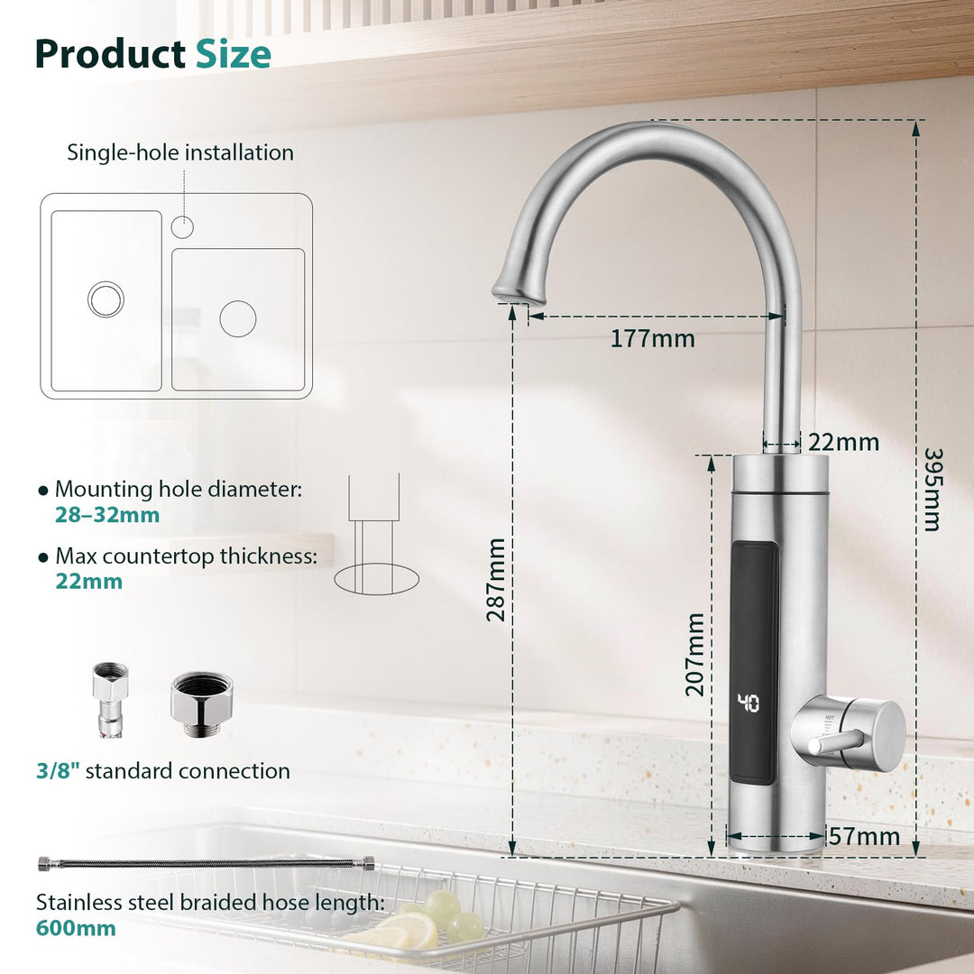 Küchenarmatur mit Durchlauferhitzer 3400W LED 360° drehbar Edelstahl - Bild 2
