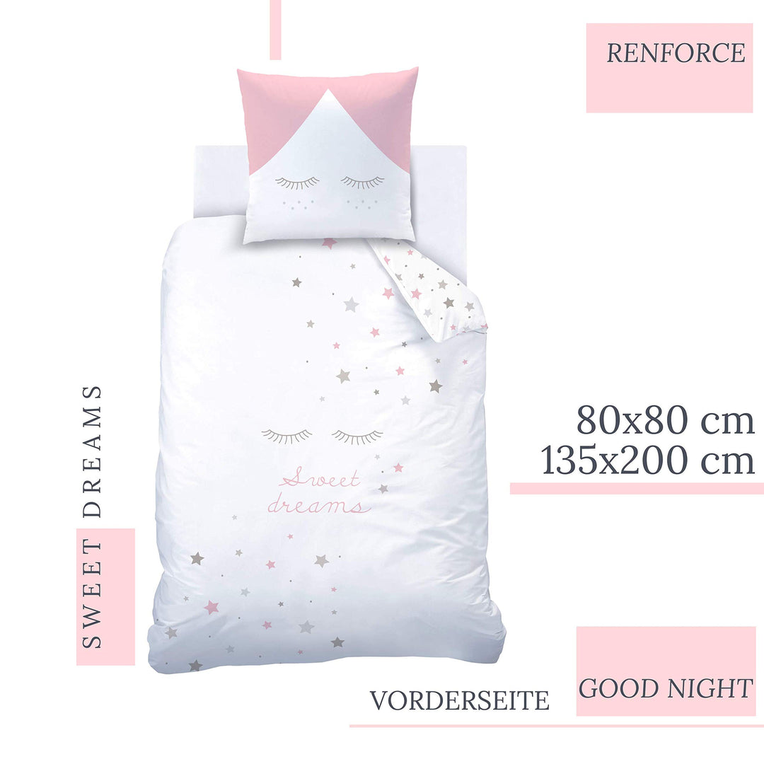 Kinderbettwäsche Sterne &amp; Wimpern 135x200 rosa Baumwolle - Bild 2