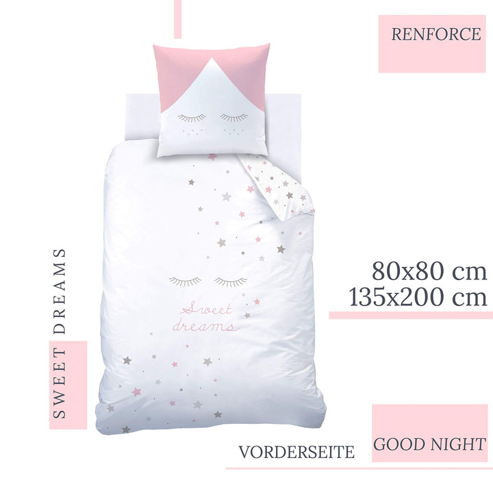 Kinderbettwäsche Sterne &amp; Wimpern 135x200 rosa Baumwolle - Bild 2