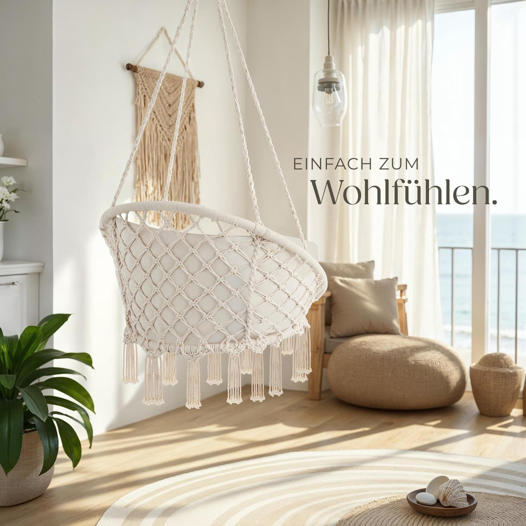 Hängesessel mit Gestell Baumwollgeflecht Boho bis 150 kg beige - Bild 8