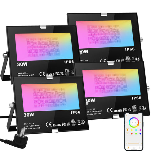 RGB LED Flutlicht 30W 4er-Set Bluetooth App-Steuerung IP66 Outdoor