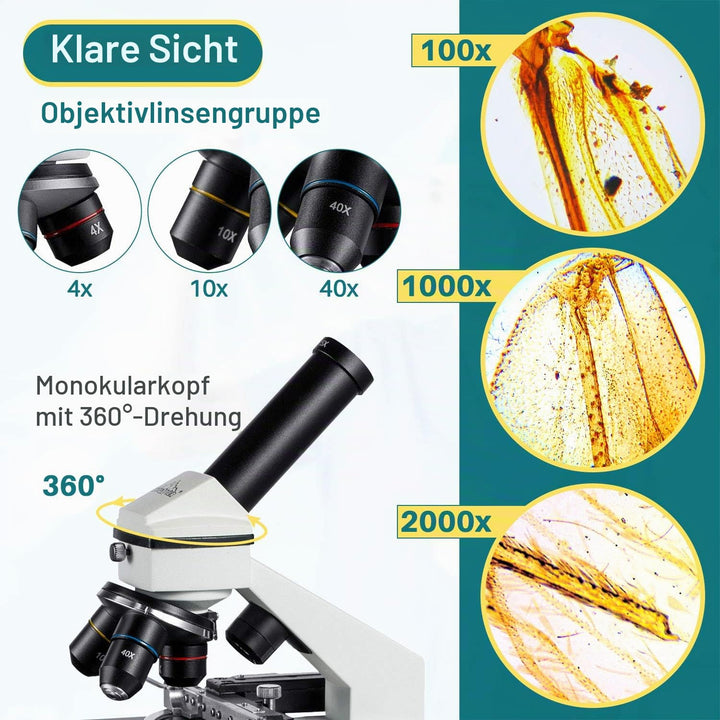 Lichtmikroskop 2000x mit LED-Beleuchtung, XY-Lineal und 10 Präparaten - Bild 3