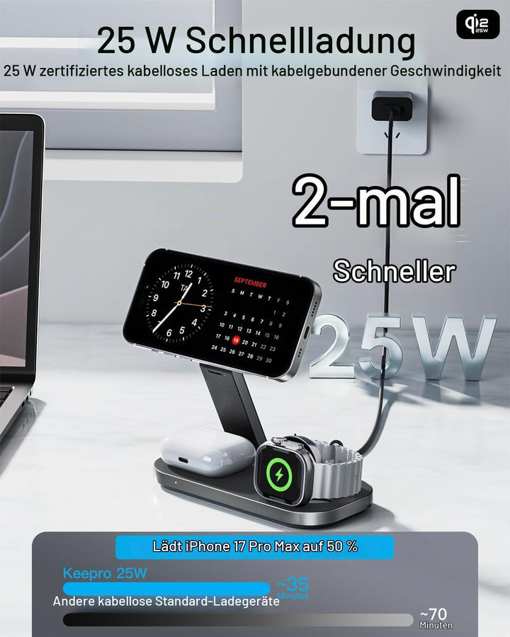 Kabellose Ladestation 3-in-1 Qi2 25W faltbar für iPhone &amp; Watch - Bild 2