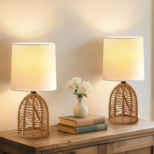 Rattanlampe Boho 2er Set E27 Leinenschirm Nachttisch Landhaus