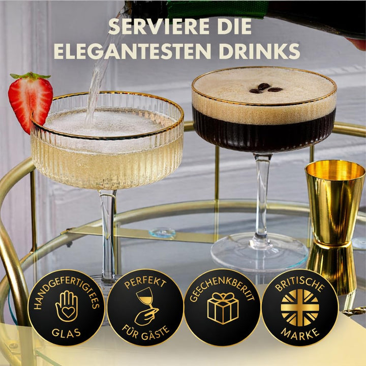 Cocktailgläser Set 4er geripptes Glas 300ml mit Goldrand &amp; Zubehör - Bild 3