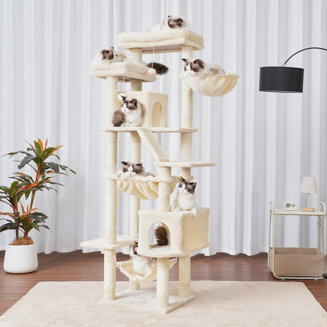 Katzenbaum 180 cm mit 2 Höhlen, Hängematte &amp; Kratzbretter beige - Bild 2