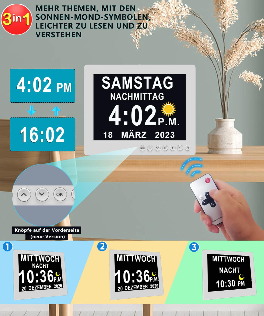 Digitale Seniorenuhr 8 Zoll mit Fernbedienung 19 Alarme Kalender - Bild 2