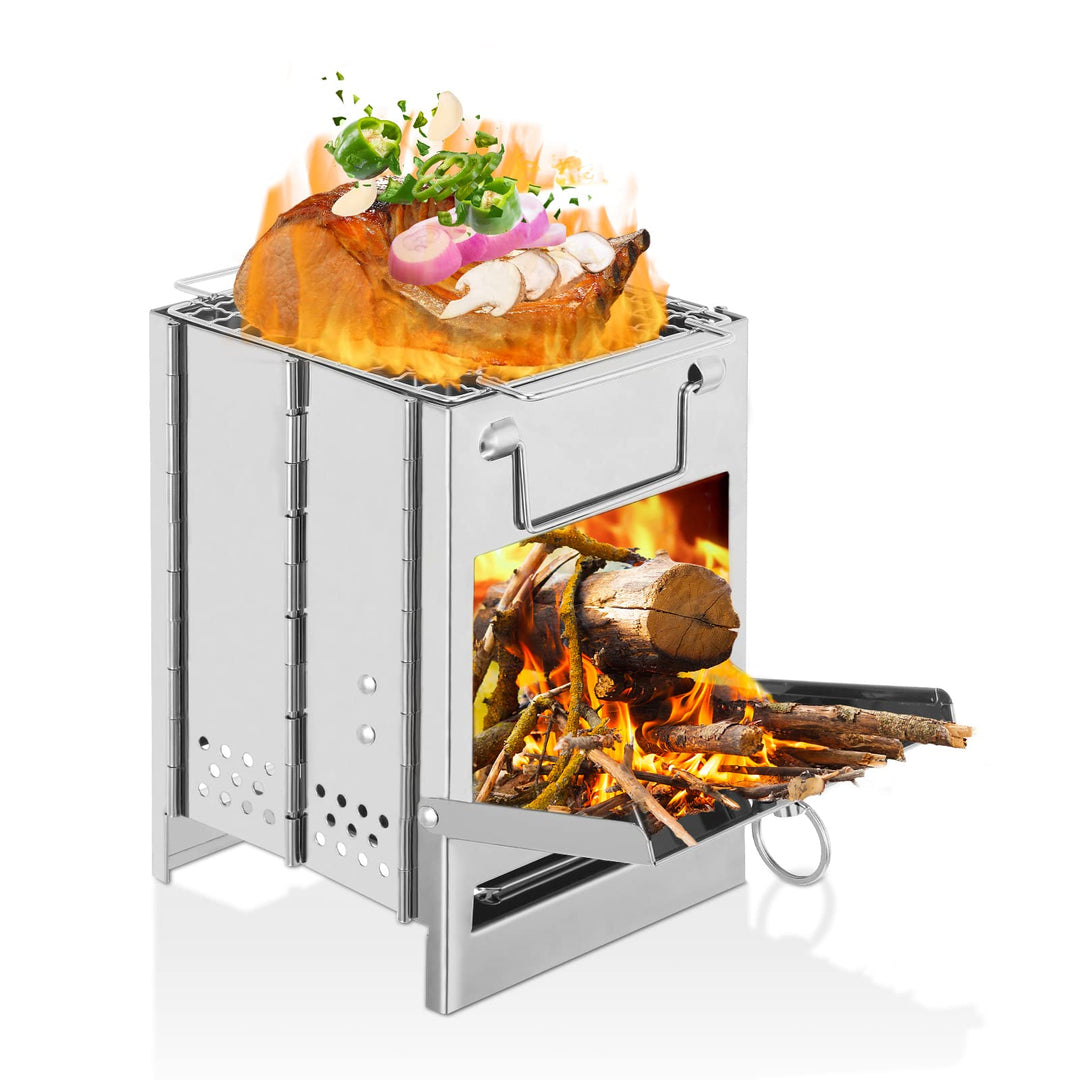 Camping-Holzofen Edelstahl 304 klappbar mit Grillnetz und Tasche