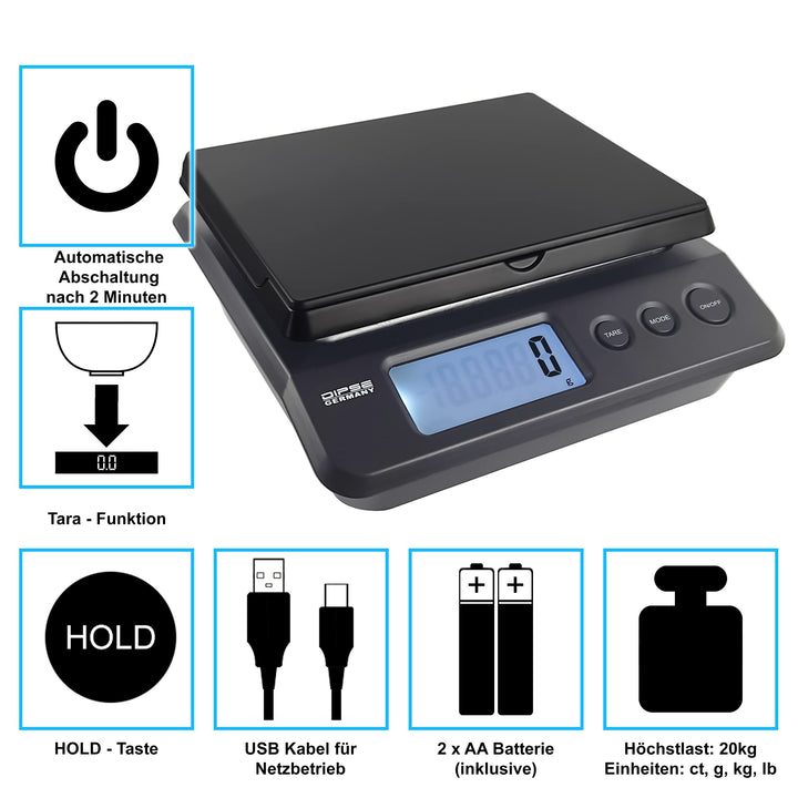 Digitale Paketwaage 20 kg / 1 g Teilung mit USB und Batterie - Bild 2