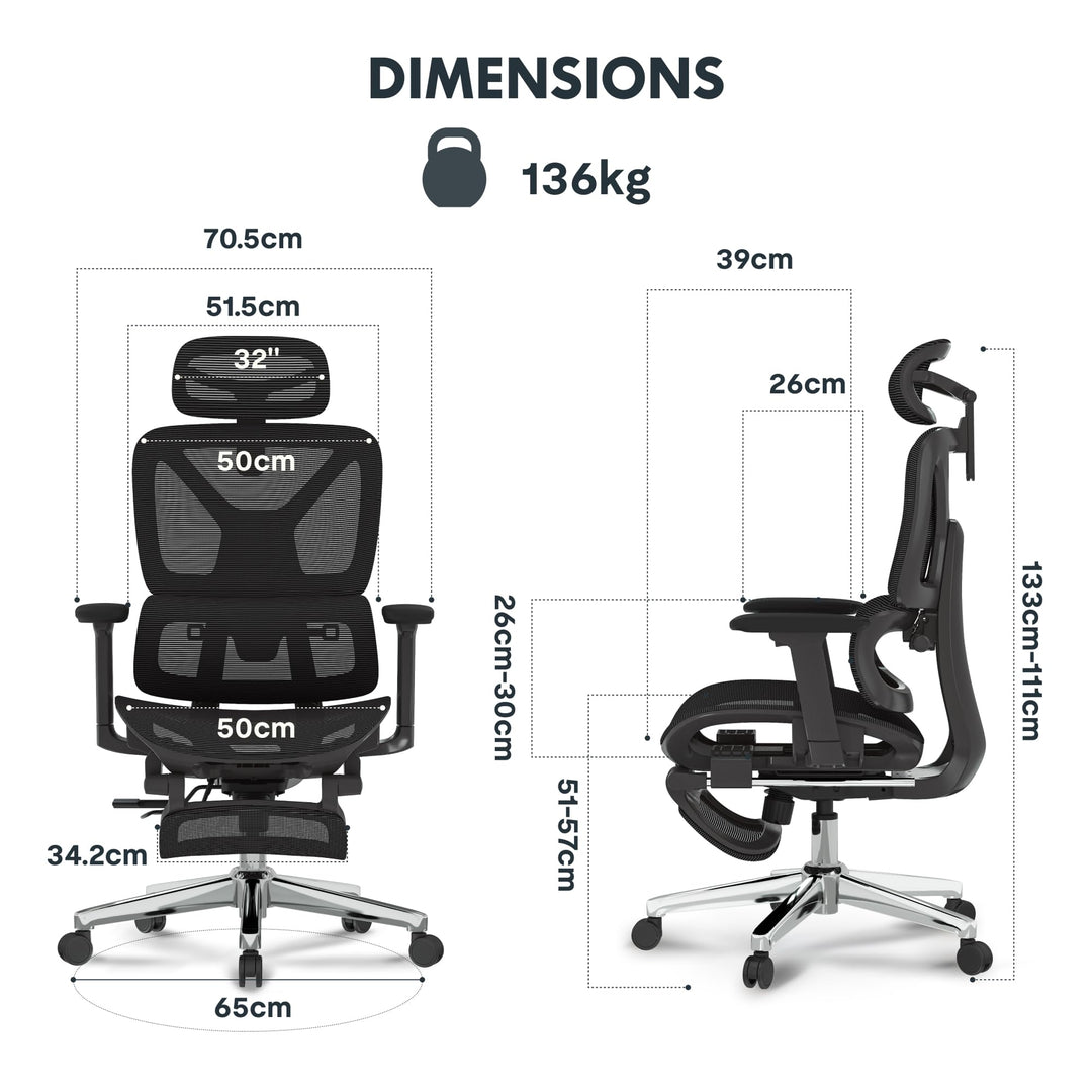 Ergonomischer Bürostuhl mit Fussstütze 3D-Armlehnen bis 136 kg - Bild 2