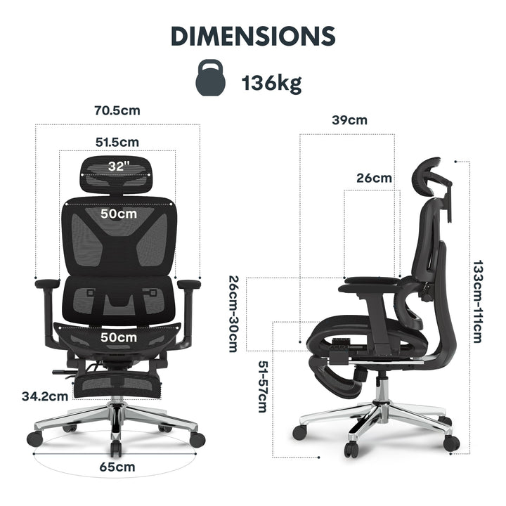 Ergonomischer Bürostuhl mit Fussstütze 3D-Armlehnen bis 136 kg - Bild 2