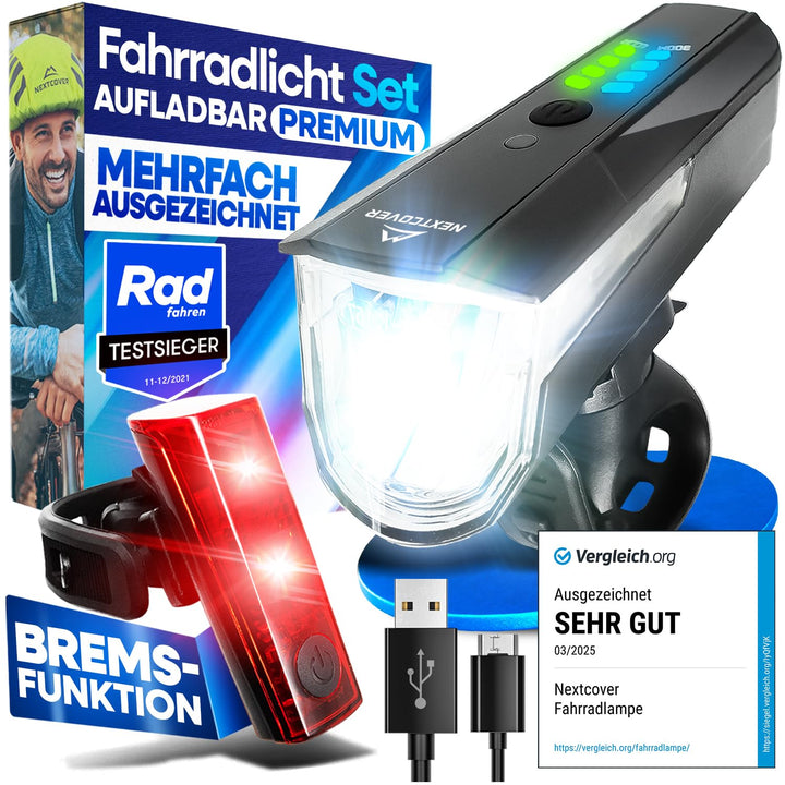 Fahrradlicht Set LED USB aufladbar mit Lichtsensor 12h Akku StVZO
