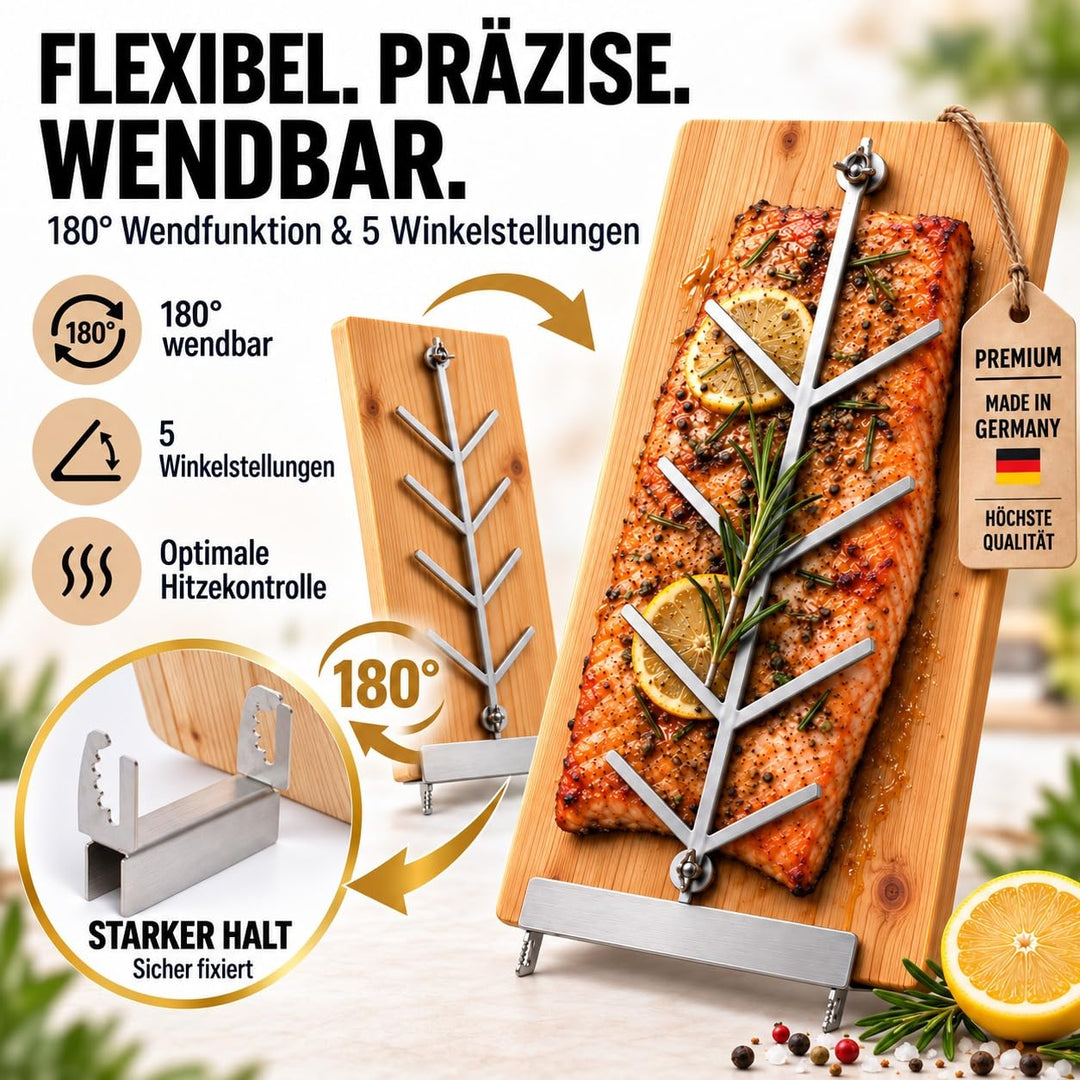 Flammlachsbrett Lärchenholz 2er-Set mit Edelstahlhalterung für Feuerschale - Bild 5