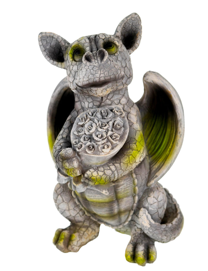 Gartenfigur Drache mit Blumenstrauss Polyresin Steinoptik 25 cm