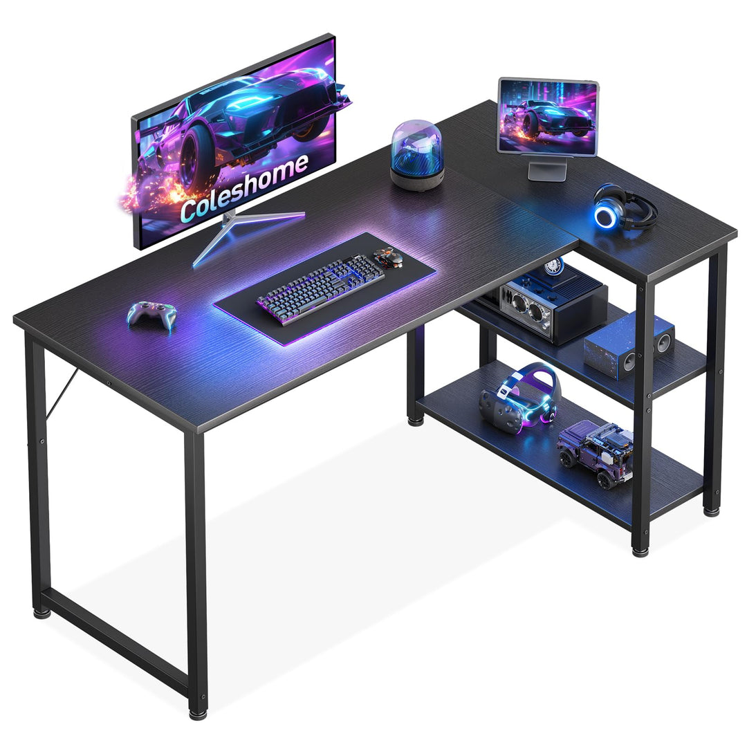 Gaming Tisch L-Form mit Regal 120x70 cm Schwarz für PC-Setup