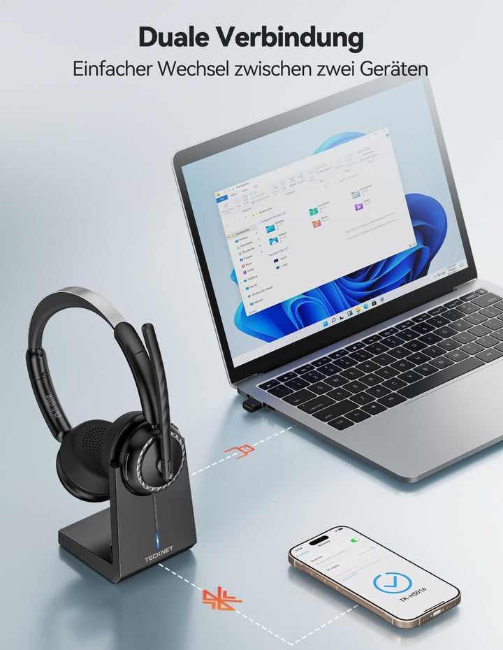Bluetooth Headset On-Ear mit KI-Rauschunterdrückung 55h Akku Büro - Bild 6