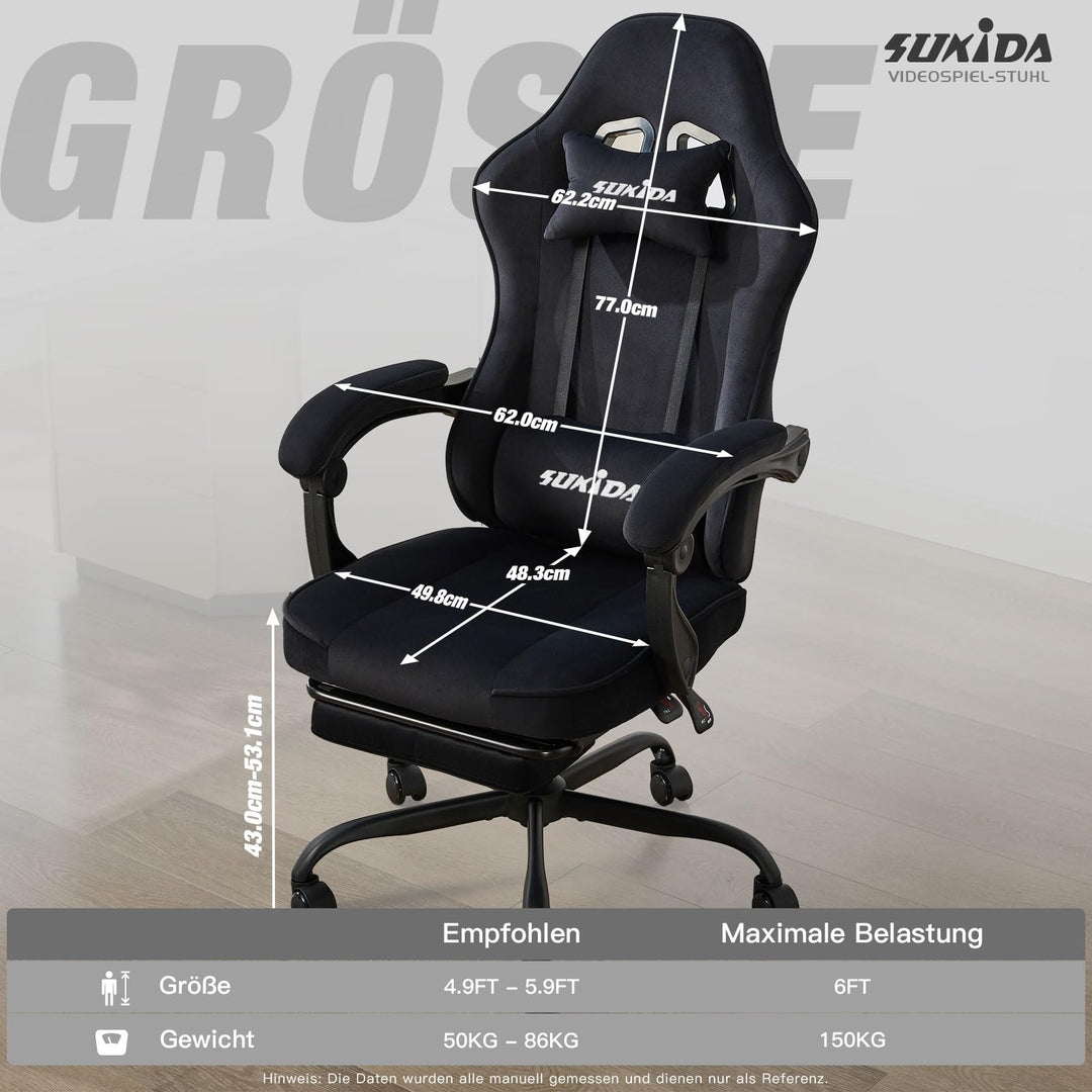 Gaming Stuhl Stoff ergonomisch mit Fussstütze und Lordosenstütze - Bild 2