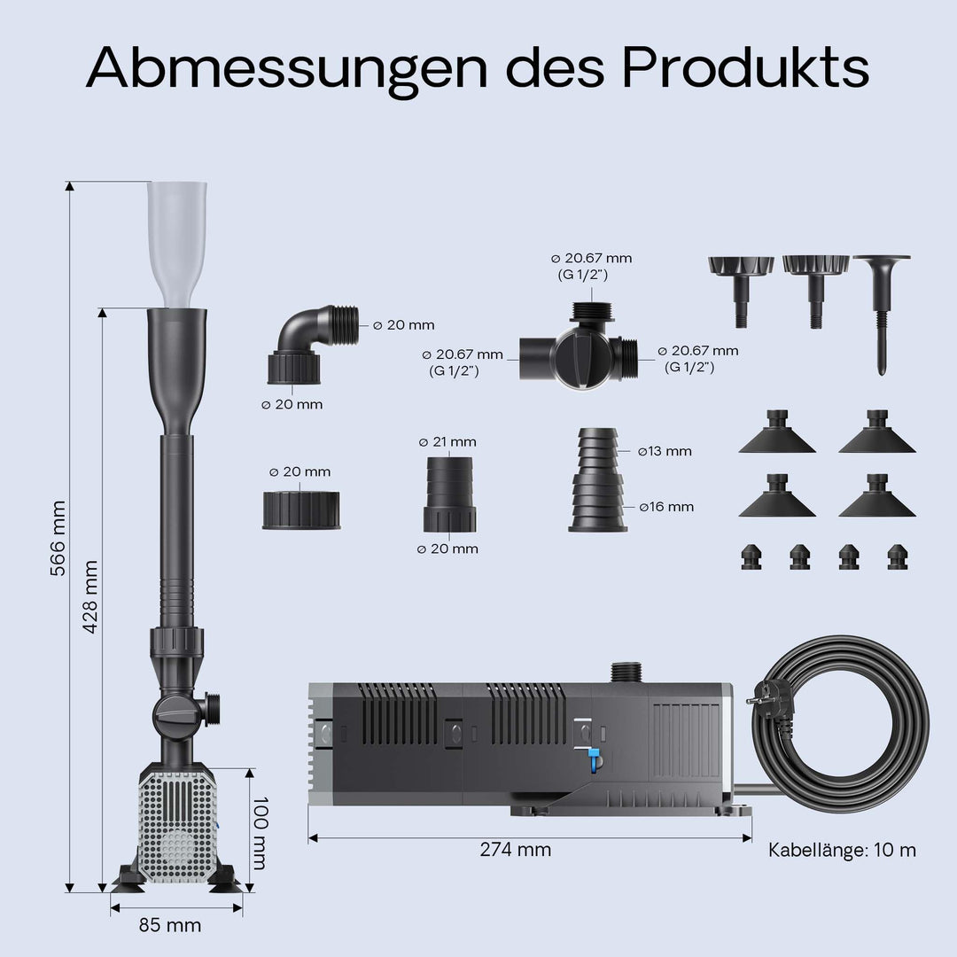 Teichpumpe 1500 l/h 25 W regelbar mit Filterschwamm für Gartenteich - Bild 3