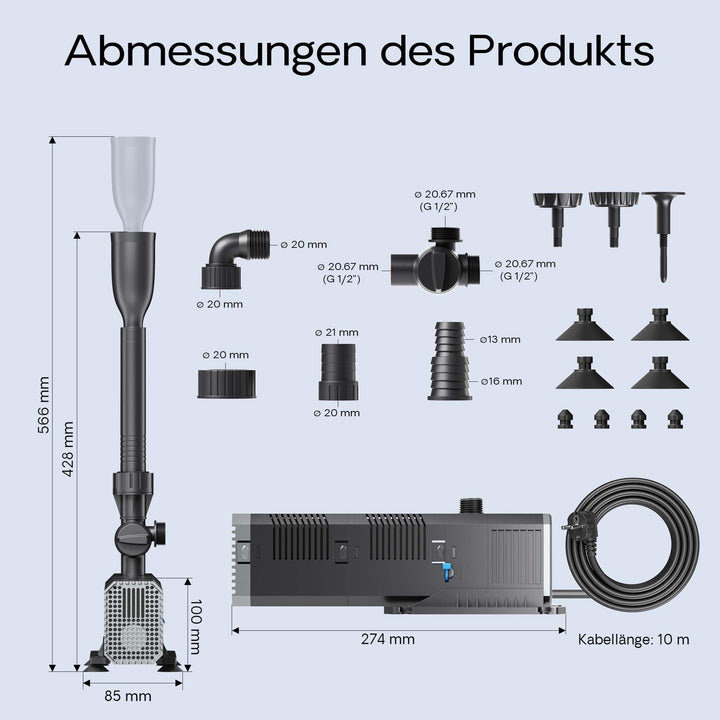 Teichpumpe 1500 l/h 25 W regelbar mit Filterschwamm für Gartenteich - Bild 3