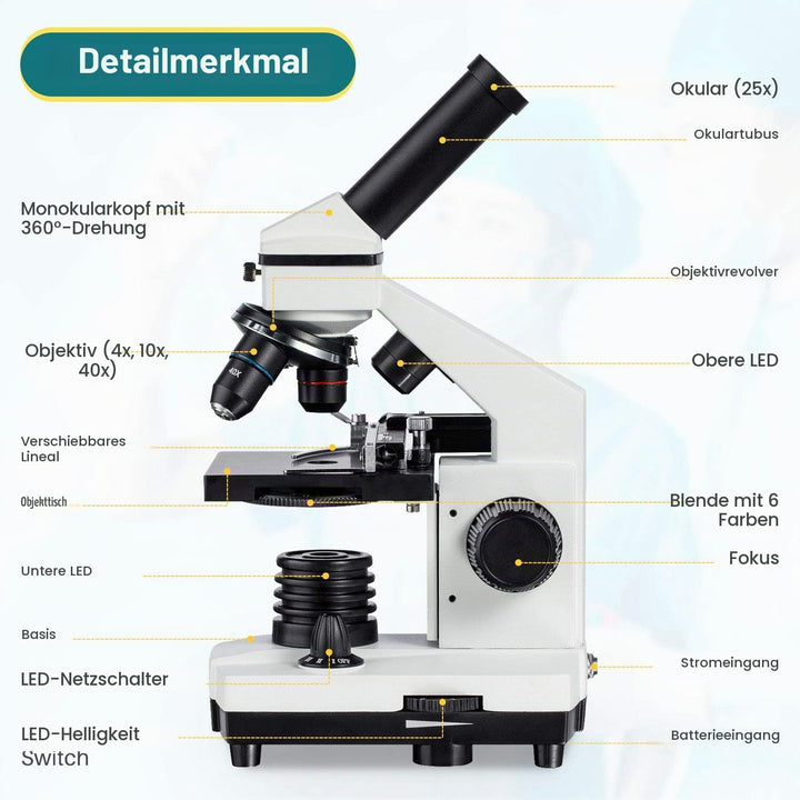 Lichtmikroskop 2000x mit LED-Beleuchtung, XY-Lineal und 10 Präparaten - Bild 2