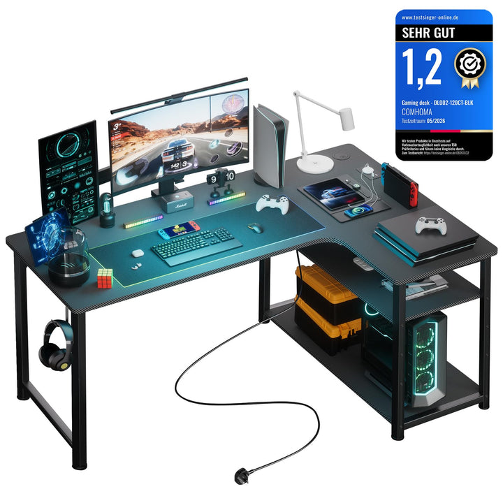 Gaming Schreibtisch L-Form 120x80cm mit Steckdose und USB-Anschluss