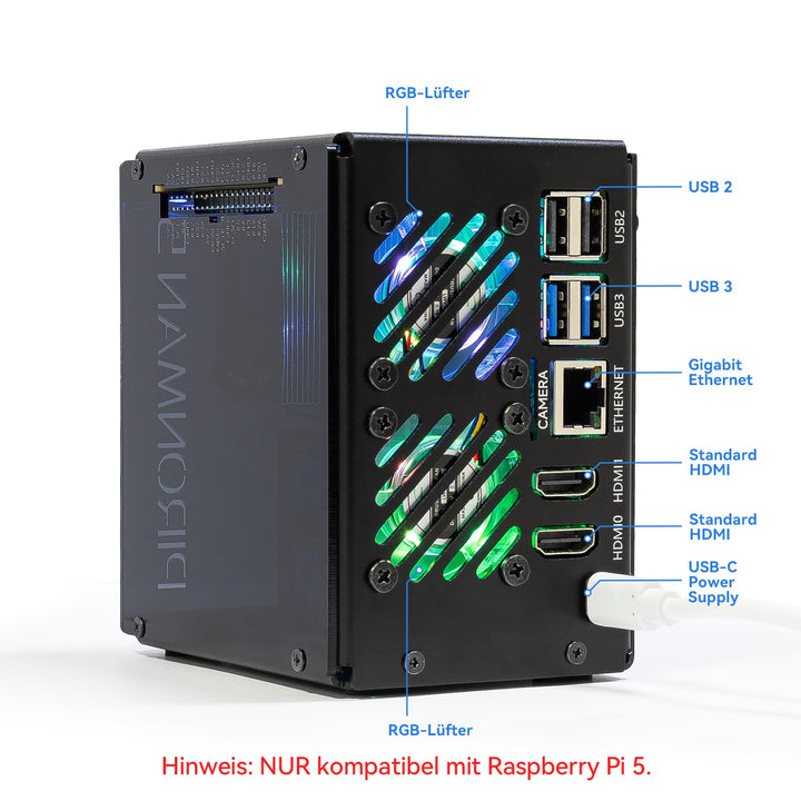 Raspberry Pi 5 Gehäuse Dual NVMe M.2 RAID mit OLED und RGB-Kühler - Bild 4