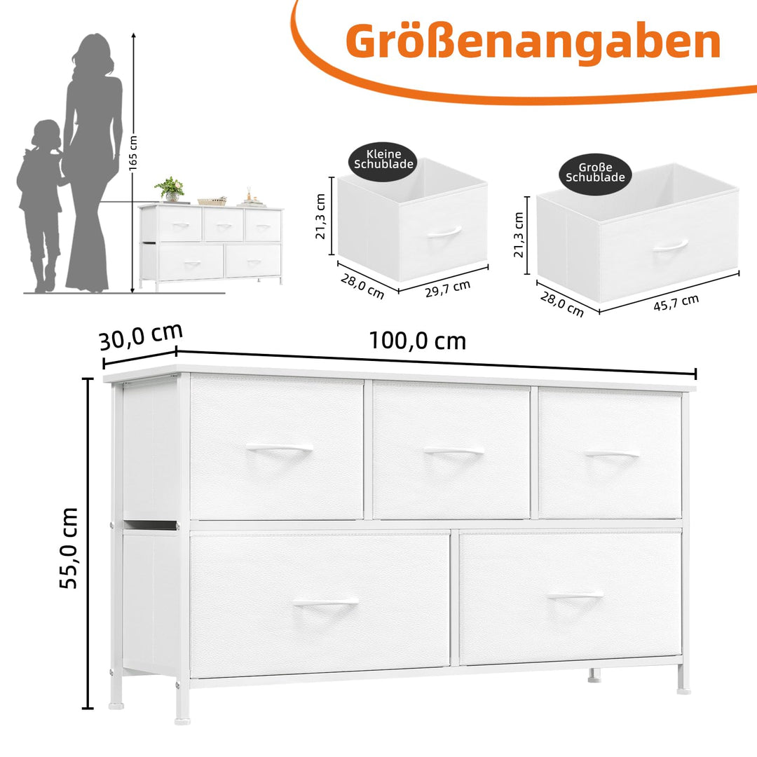 Kommode 5 Stoffschubladen weiss 100 cm breit Schlafzimmer