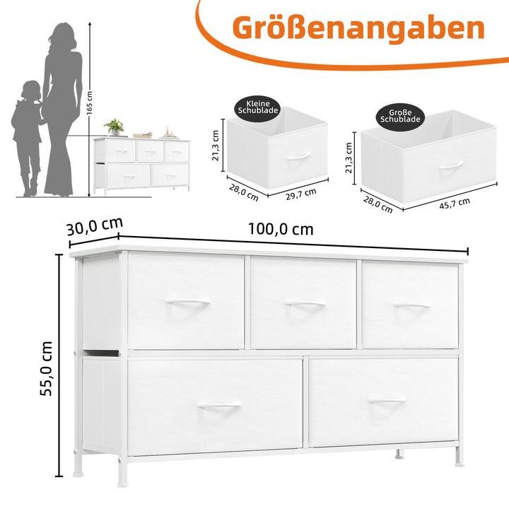 Kommode 5 Stoffschubladen weiss 100 cm breit Schlafzimmer