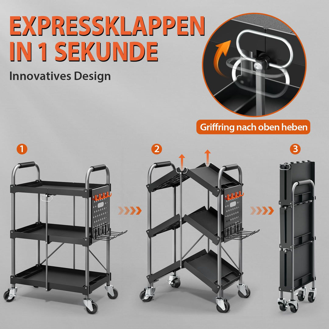 Servierwagen klappbar 3 Ebenen mit Rollen und Schaumstoffgriff - Bild 2
