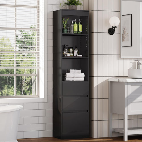 Hochschrank Badezimmer 180x40x30cm schmal 3 Schubladen schwarz