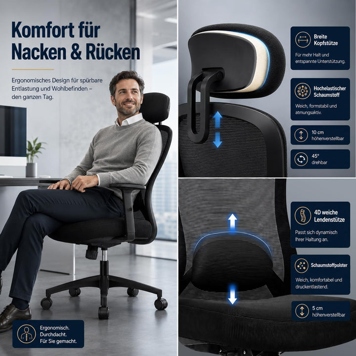 Bürostuhl ergonomisch Netz 4D-Lendenstütze Kopfstütze bis 150 kg - Bild 4