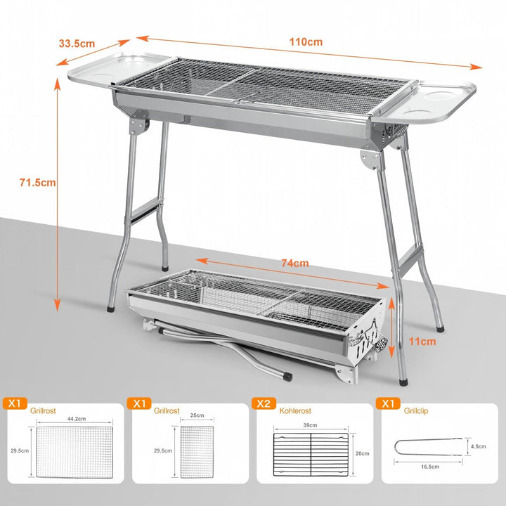 Holzkohlegrill Edelstahl klappbar 74x34x72 cm für 5–10 Personen - Bild 6