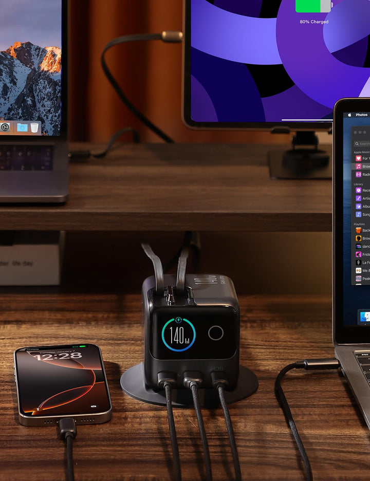 GaN Ladestation 140W 5-in-1 mit 2 einziehbaren USB-C-Kabeln LCD - Bild 9