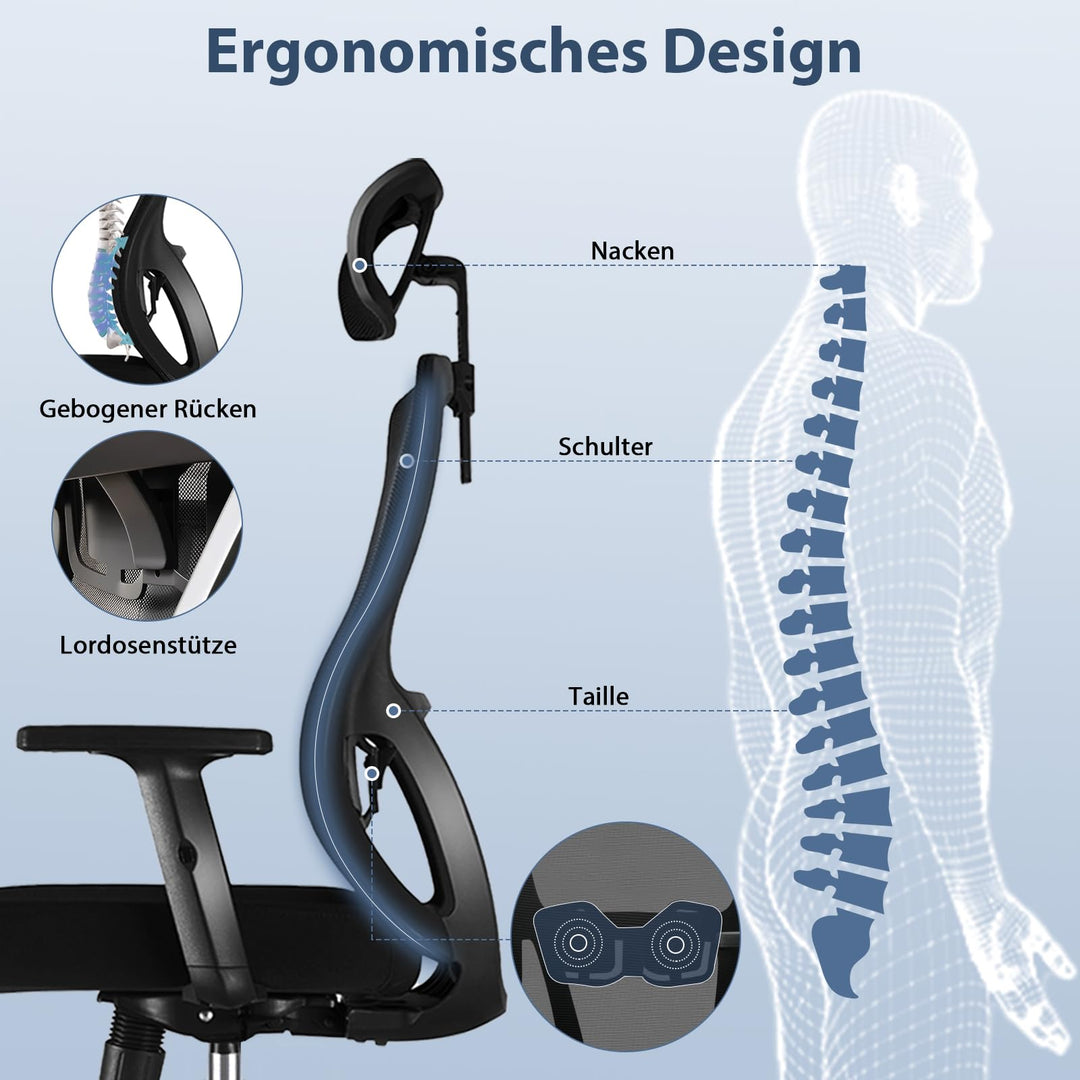 Ergonomischer Bürostuhl Netz 150 kg mit Lordosenstütze und Kopfstütze - Bild 3