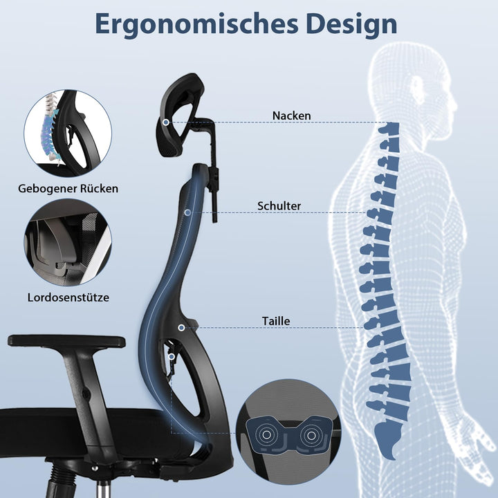 Ergonomischer Bürostuhl Netz 150 kg mit Lordosenstütze und Kopfstütze - Bild 3