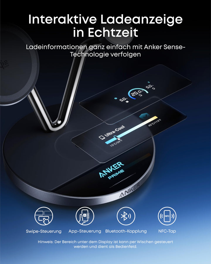 3-in-1 Ladestation Qi2 25W mit Display &amp; TEC-Aktivkühlung Schwarz - Bild 5