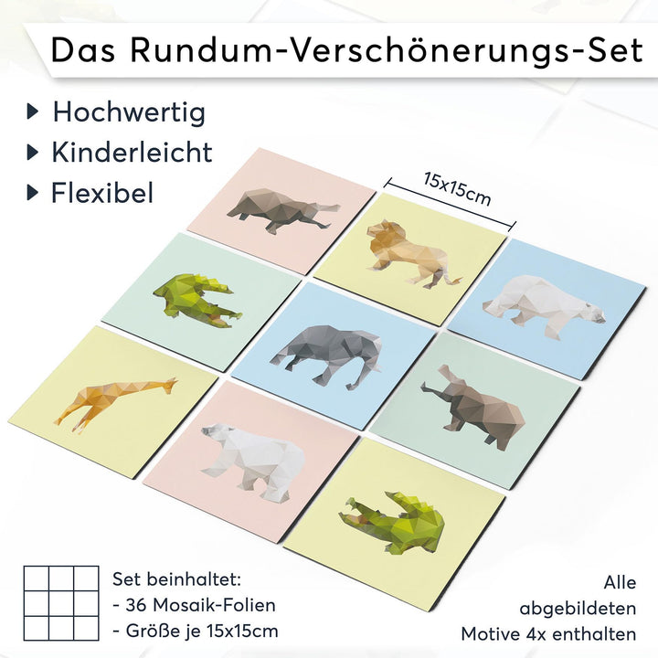 Fliesenaufkleber Origami Tiere selbstklebend 15x15 cm, 36 Stück - Bild 7