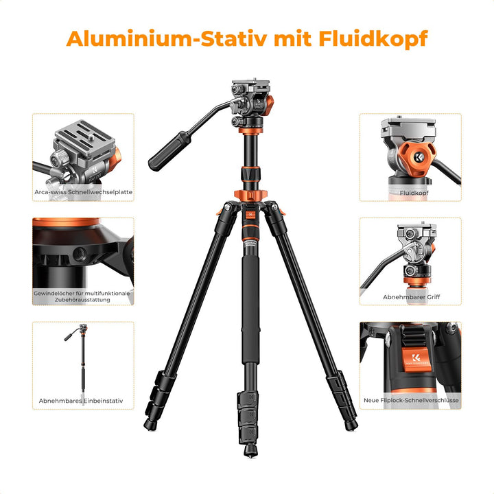 Videostativ mit Fluidkopf 200cm ausziehbar Einbeinstativ-Funktion - Bild 4