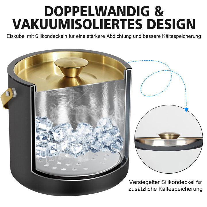 Eiskübel Edelstahl 3,2 L doppelwandig mit Deckel, Schaufel und Sieb - Bild 2