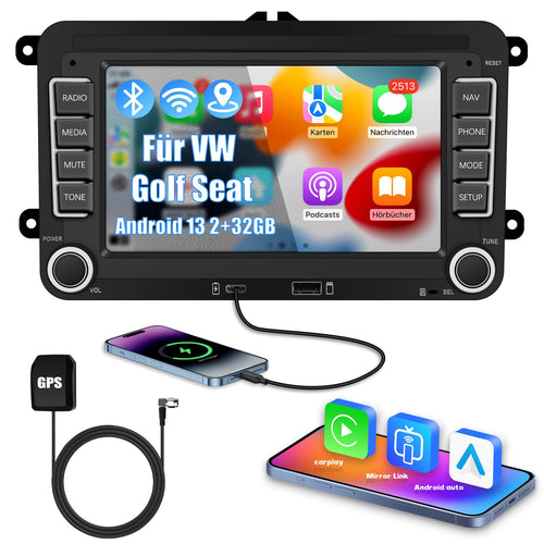2-DIN Autoradio 7 Zoll Android 14 mit Navi für VW Golf Passat Touran